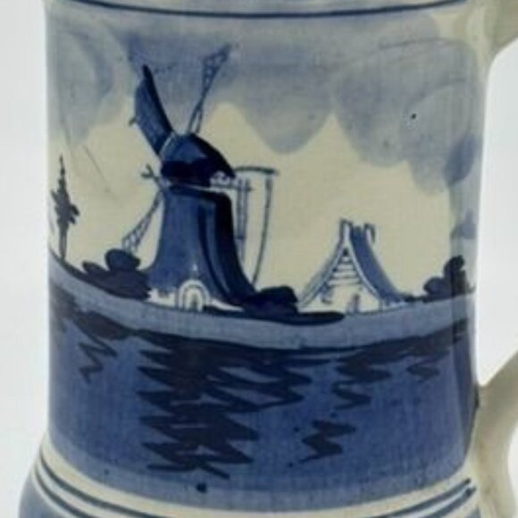 Vintage Delft Blauw Hand Decorated Blue Small Windmill Mug, Holland, Signed 5 in - Picture 7 of 11